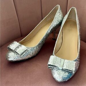 Kate Spade silver glitter heels with bow, 9.5